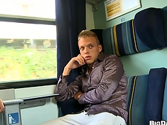 Stunning mate masturbating his error-free cock about the train, perceive